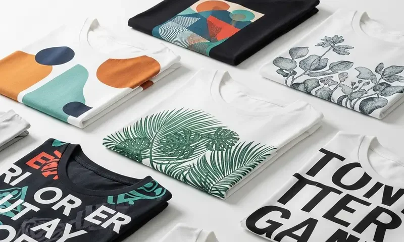 Çeşitli baskılı tişörtlerin sergilendiği yaratıcı bir düzenleme