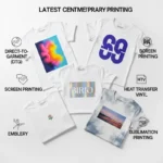 Farklı tasarımlara sahip baskılı tişörtler sergileniyor.