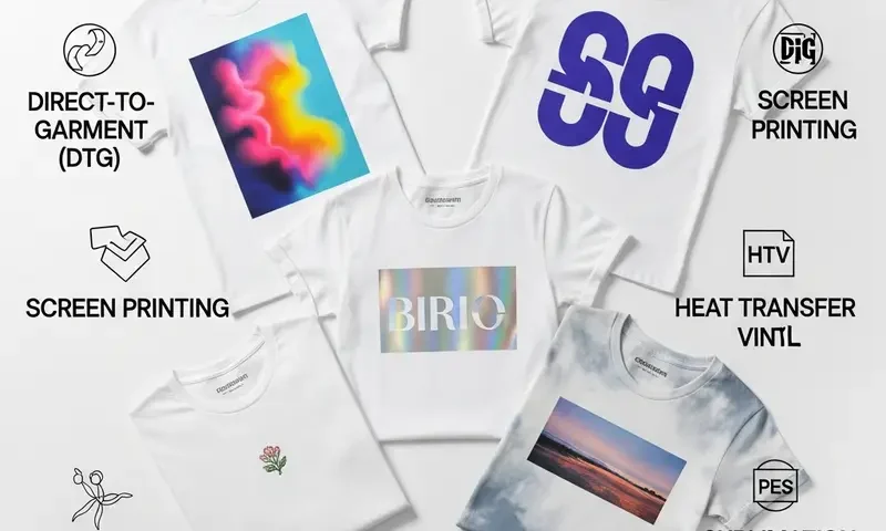 Farklı tasarımlara sahip baskılı tişörtler sergileniyor.