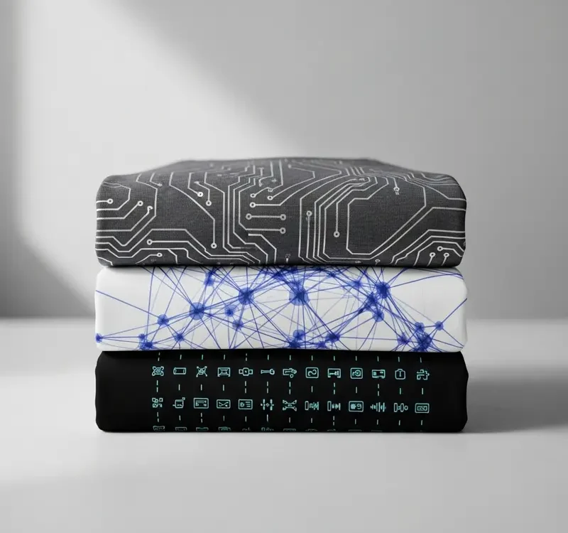 Şehir içindeki renkli baskılı tişörtlerin sergilendiği modern bir görüntü.